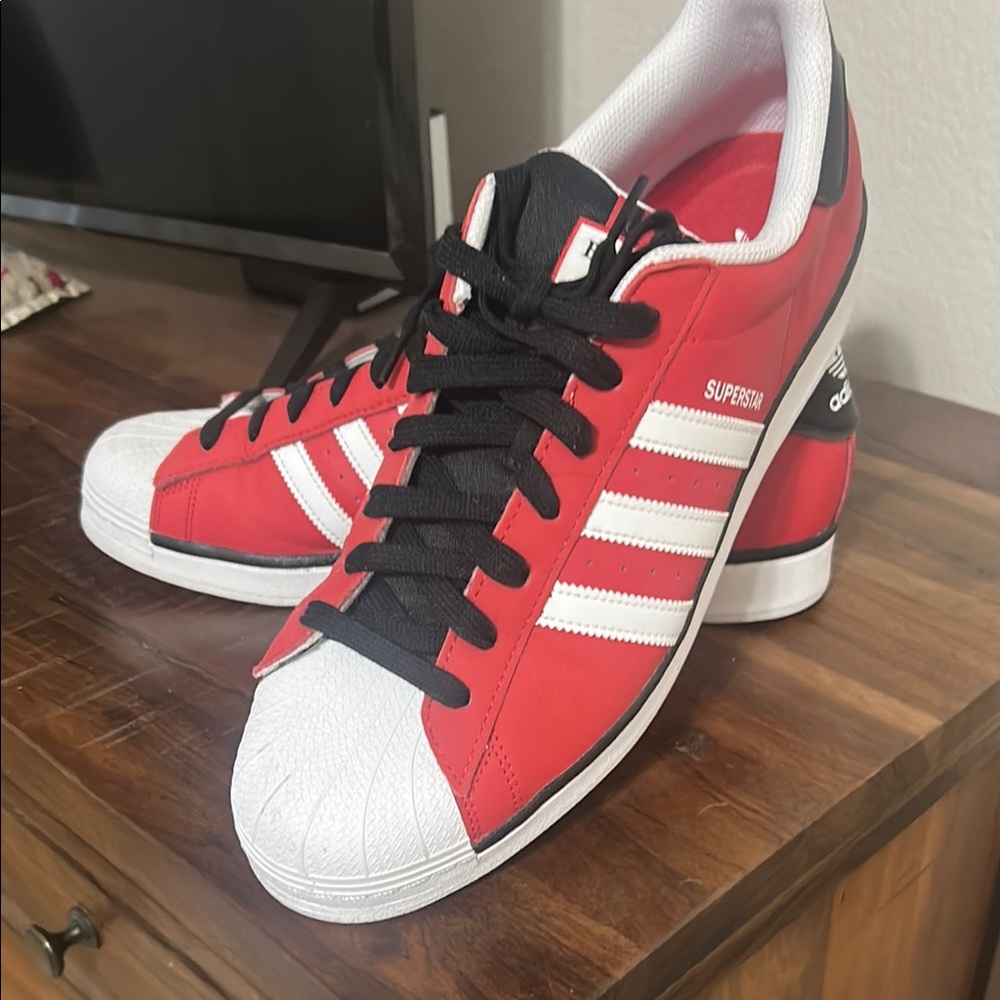 Adidas Red and White Athletic Shoes with Iconic Design